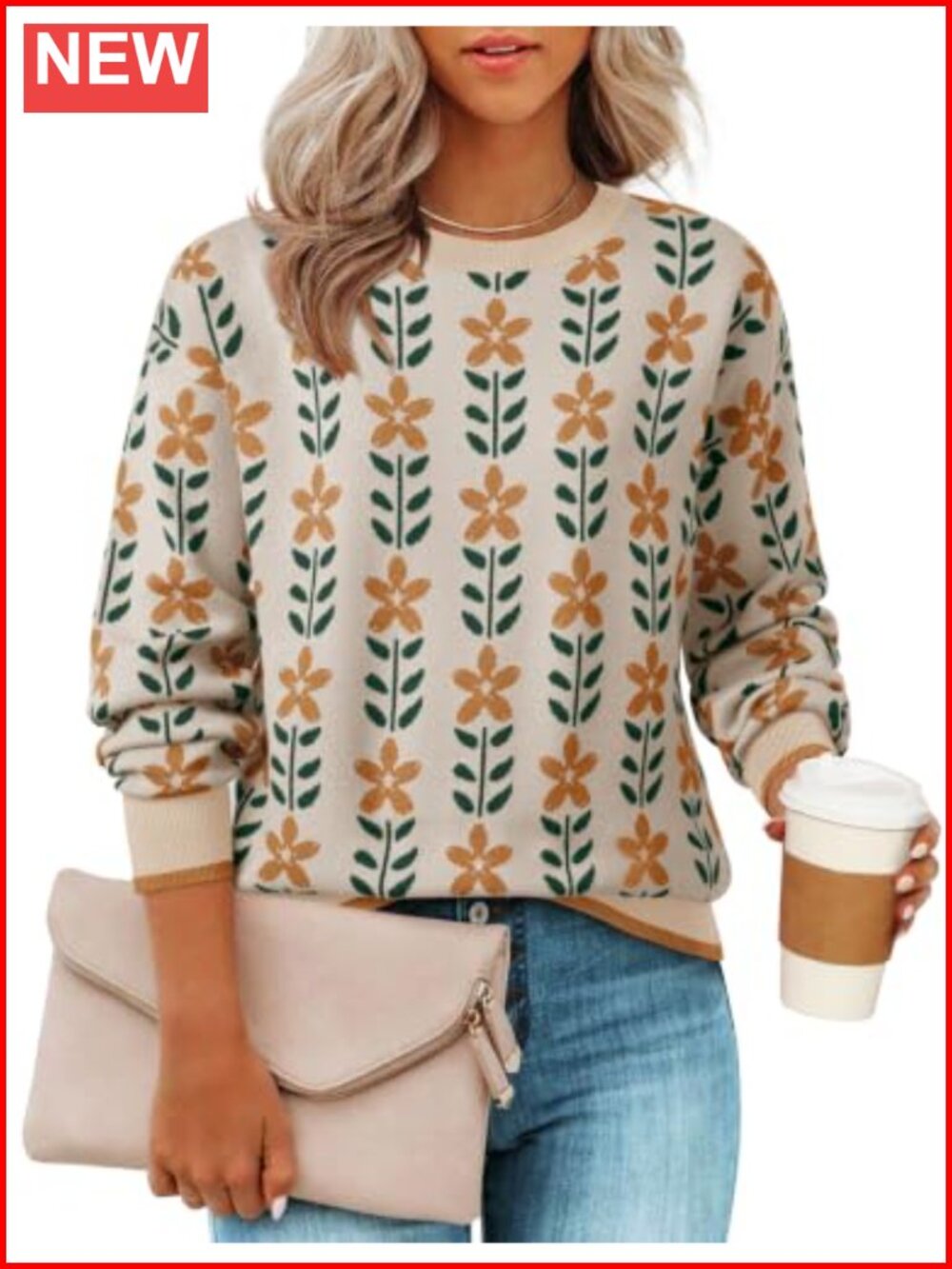 Womens Long Sleeve Crewneck Floral Print Pullover Sweater Loose Fit Knit Top